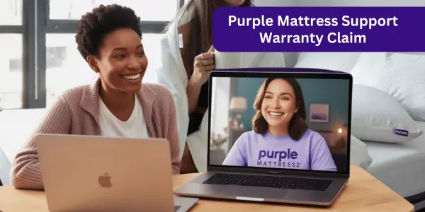 A satisfied customer talking to a friendly customer support representative via a laptop about a Purple Mattress warranty claim. The representative is on a video call, smiling and attentive, with a Purple Mattress visible in the background.