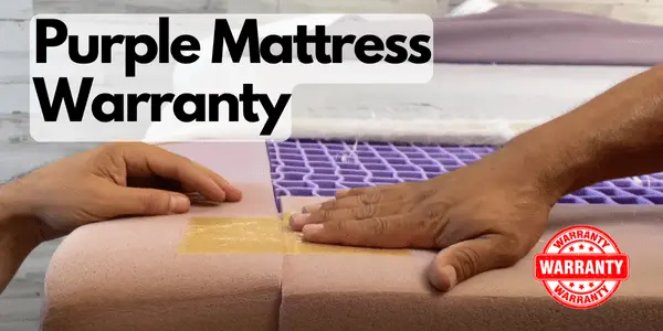 Hands demonstrating repair on a Purple mattress with a 10-year warranty badge.